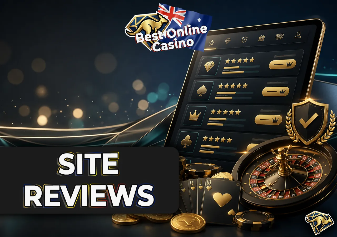 Expert reviews of leading pokies sites with rating cards, device view and casino-style decor