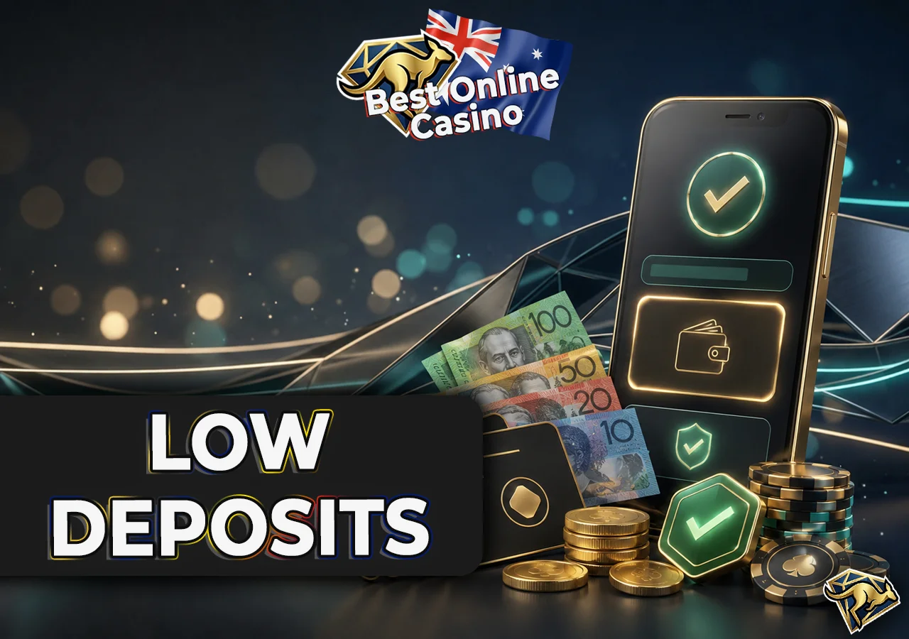 Low-value deposits explained with $10 and $20 vouchers, phone view and coin accents