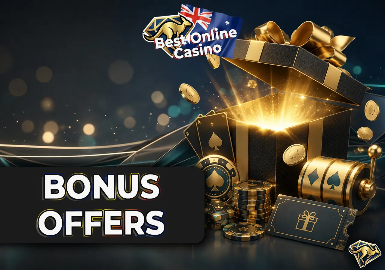 Pokies bonuses highlighted with gift box, free spins, chips and wagering requirement cues