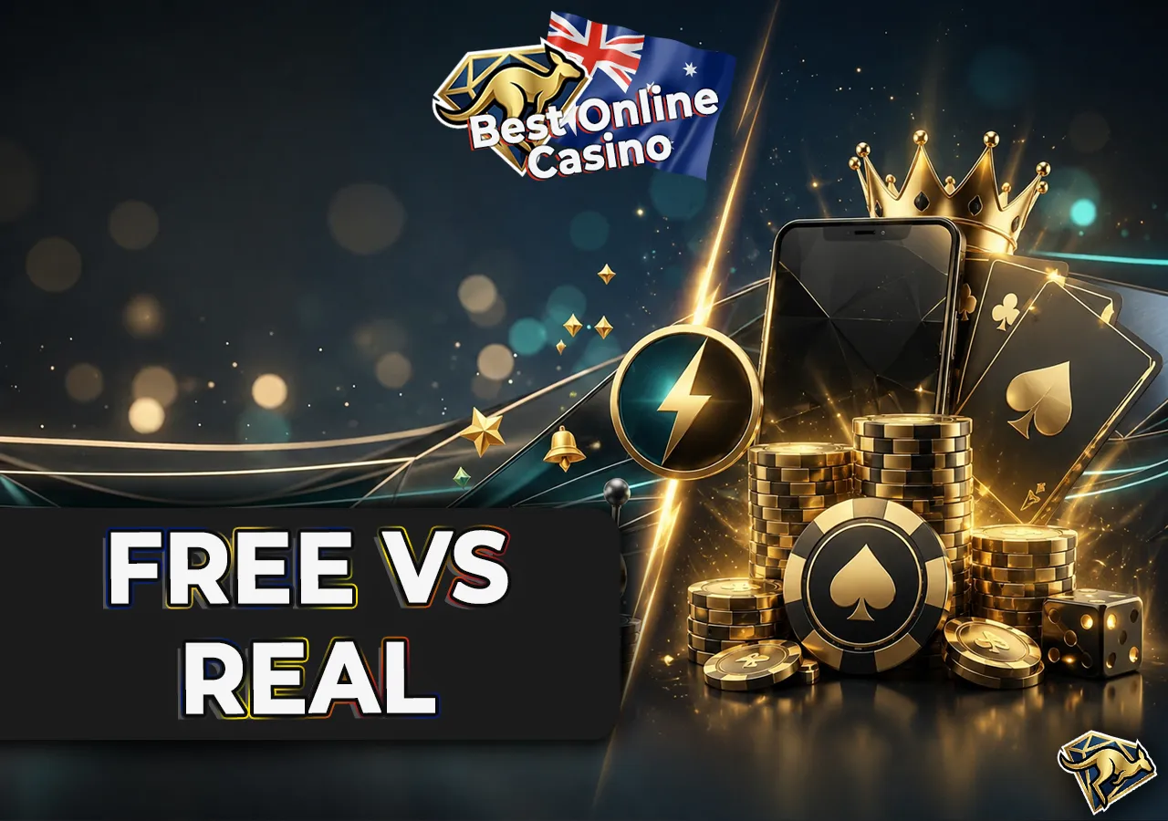 Free-play and real-money modes compared through contrasting gameplay scenes