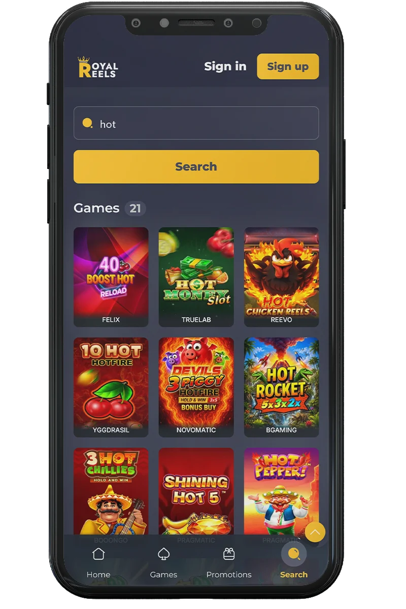 Screenshot of an online casino on a mobile phone